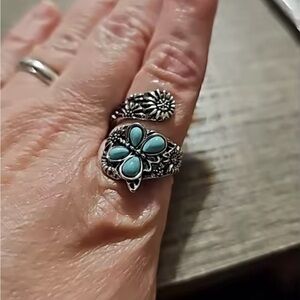 Vintage Turquoise Silver Butterfly Floral Adjustable Ring